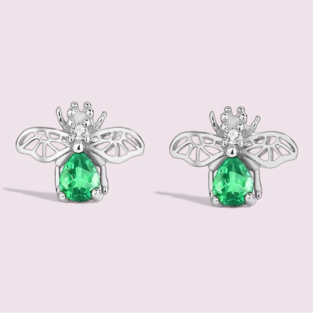 925 Sterling Silver Bee Green Cz Hollow Design Stud Earrings